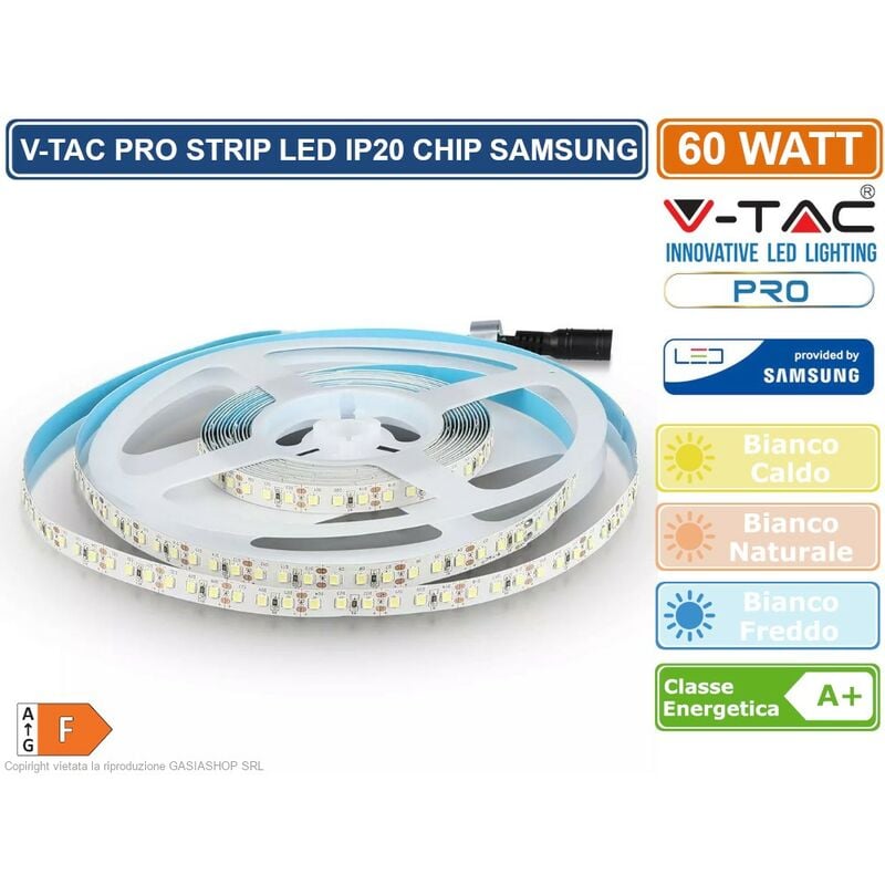 foto del prodotto v tac pro vt 5 120 striscia led 2835 monocolore 120 led metro chip samsung bobina da 5 metri sku 323 324 325 colore luce bianco caldo