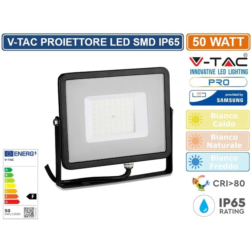 foto del prodotto v tac pro vt 50 faro led smd 50w ultrasottile chip samsung da esterno colore nero sku 21406 21407 21408 colore luce bianco naturale