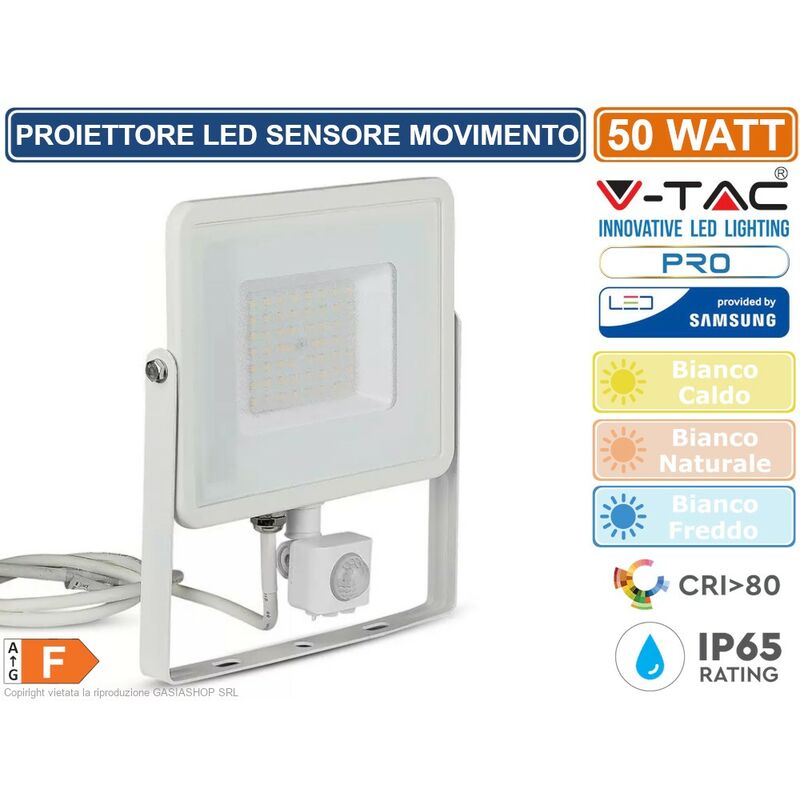 foto del prodotto v tac pro vt 50 s faretto led 50w ultra sottile slim chip samsung con sensore colore bianco sku 466 467 468 colore luce bianco caldo