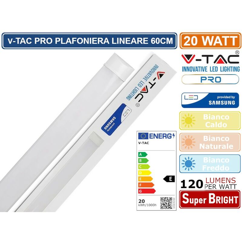 foto del prodotto v tac pro vt 8 20 tubo led prismatico plafoniera 20w chip samsung lampadina 60cm sku 20347 20348 20349 colore luce bianco caldo