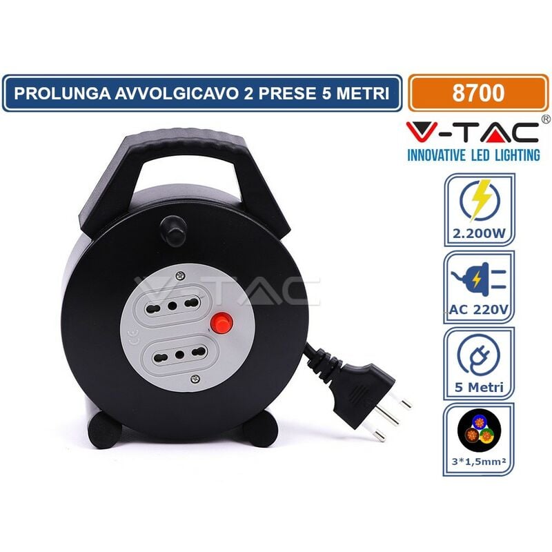 foto del prodotto v tac prolunga avvolgicavo spina 16a e 2 prese 10 16a bipasso colore nero 5 metri sku 8700