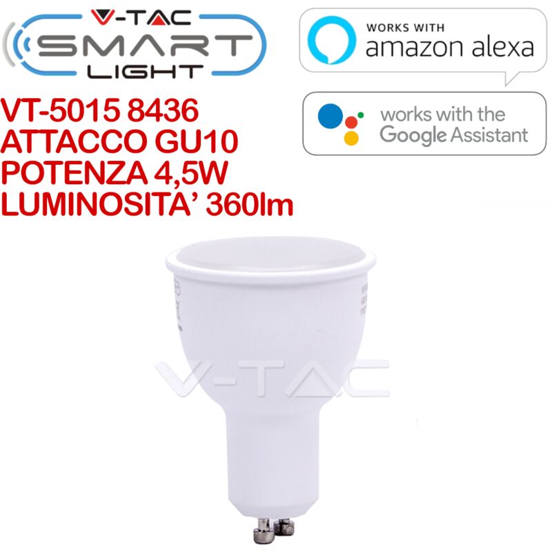 foto del prodotto v tac smart home vt 5015 8436 faretto led gu10 4,5w compatibile con google home e amazon alexa tramite app smart 3 in 1 dimmerabile