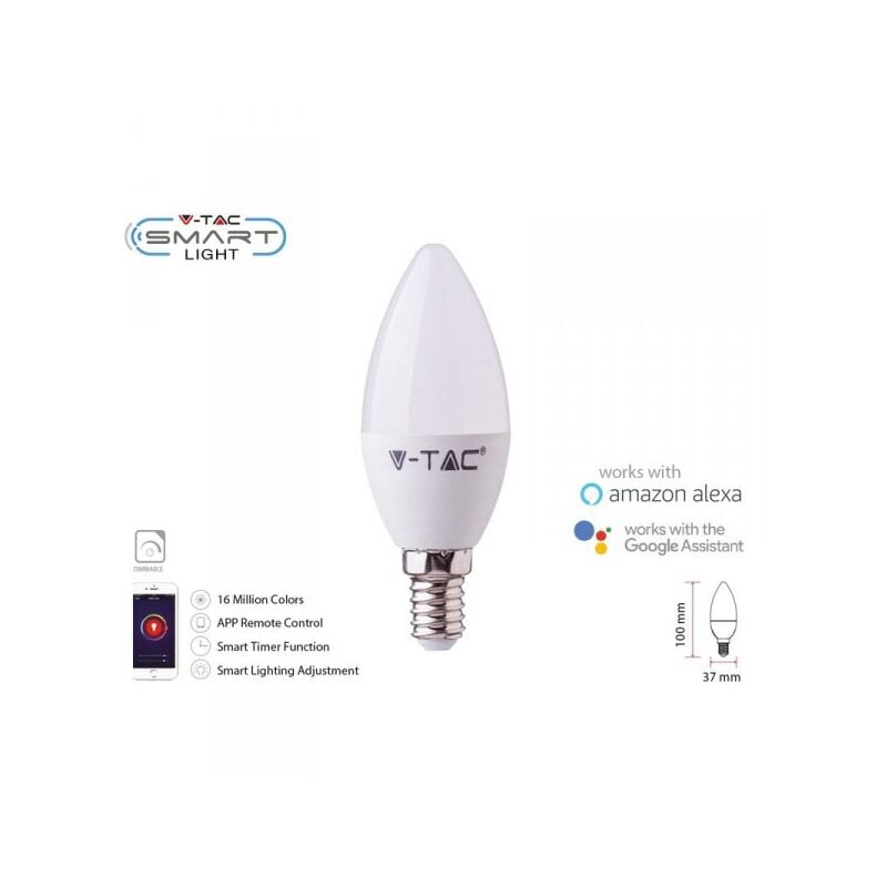 foto del prodotto v-tac - smart lampada led candela e14 c37 4,5w wifi rgb cct dimmerabile app compatible amazon alexa google home sku-2754