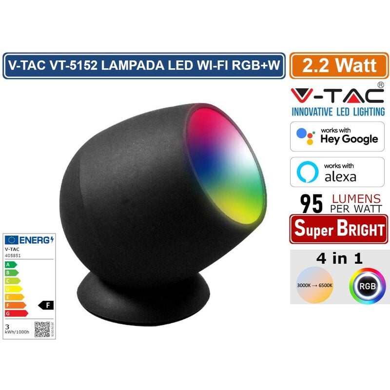 foto del prodotto v tac smart vt 5152 lampada led da tavolo 2.2w wi fi rgb w changing color cct dimmerabile colore nero sku 405851