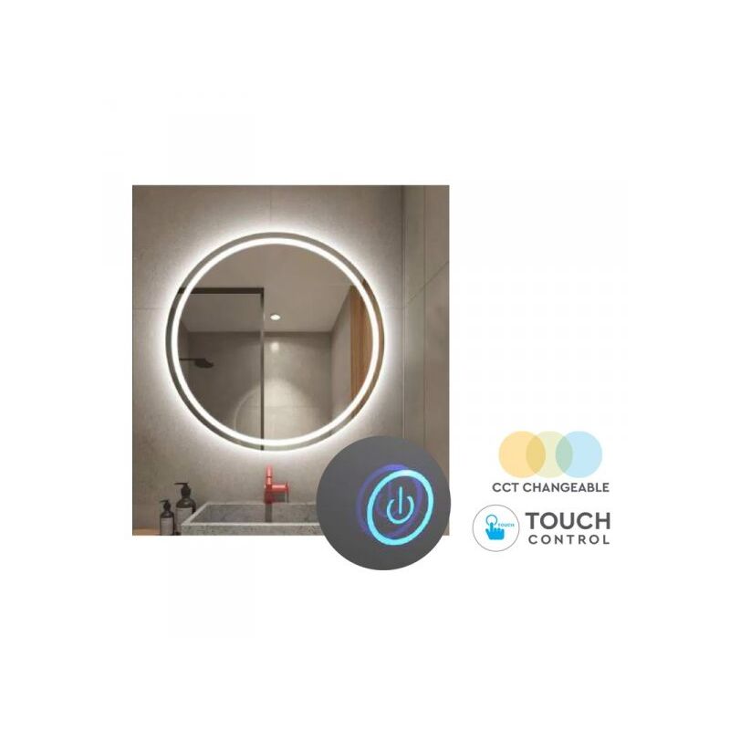 foto del prodotto v tac specchio bagno con luci led 25w cct interruttore touch rotondo diametro 600mm ip44 sku 40491
