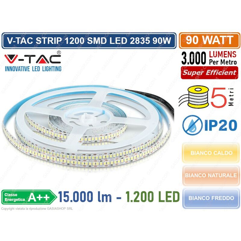 foto del prodotto v tac strip striscia led monocolore 5 metri smd 2835 240 led metro ip20 90w 15000 lumen colore luce bianco caldo
