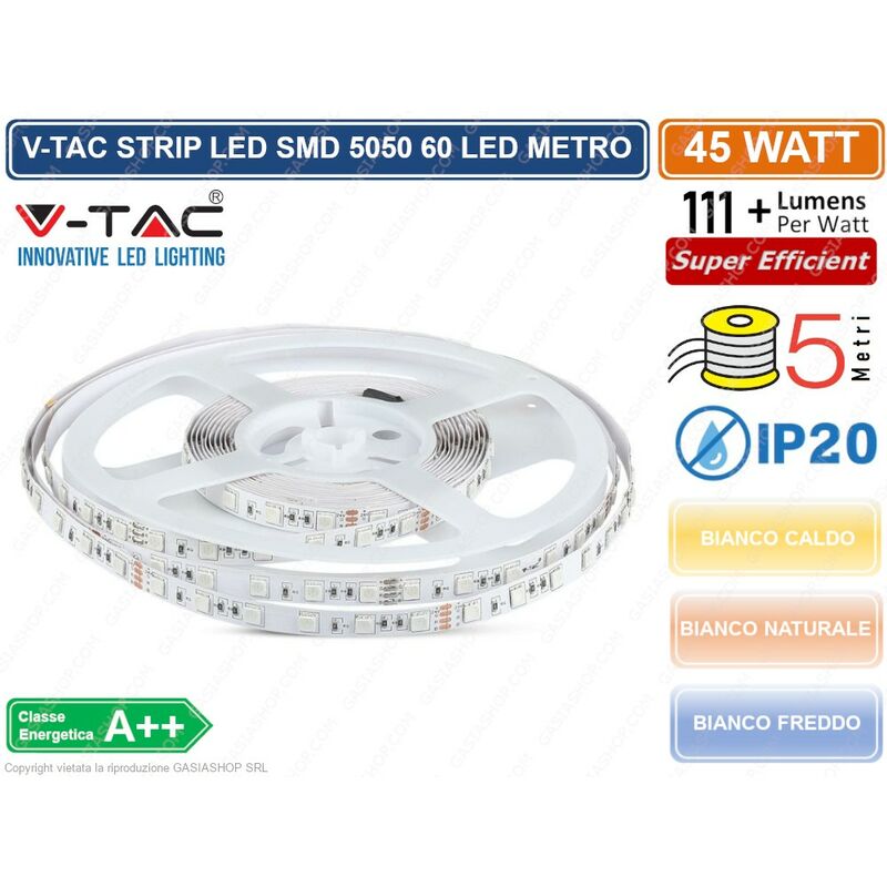 foto del prodotto v tac strip striscia led monocolore 5 metri smd 5050 60 led metro ip20 45w 5000 lumen sku 2122 2143 2126 colore luce bianco caldo