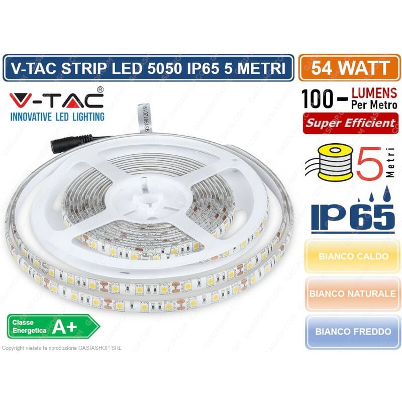 foto del prodotto v tac striscia led 5050 impermeabile monocolore 300 led bobina da 5 metri ip65 sku 2149 2150 2148 colore luce bianco naturale