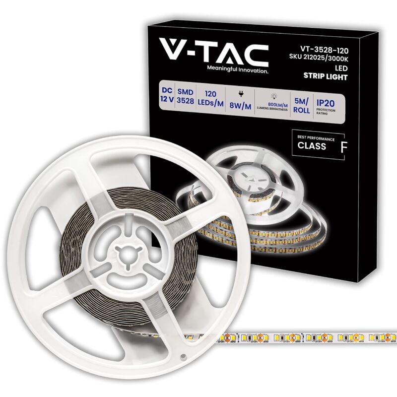 foto del prodotto v tac striscia led da interno 8w smd 3528 5 metri striscia led adesiva per casa, cucina, camera, ambienti interni luce bianca calda 3000k