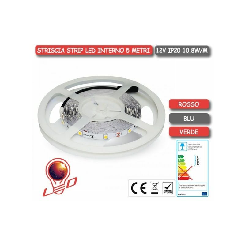 foto del prodotto v tac striscia strip led interno 10,8 w m 12v smd5050 60 led m ip20 rosso