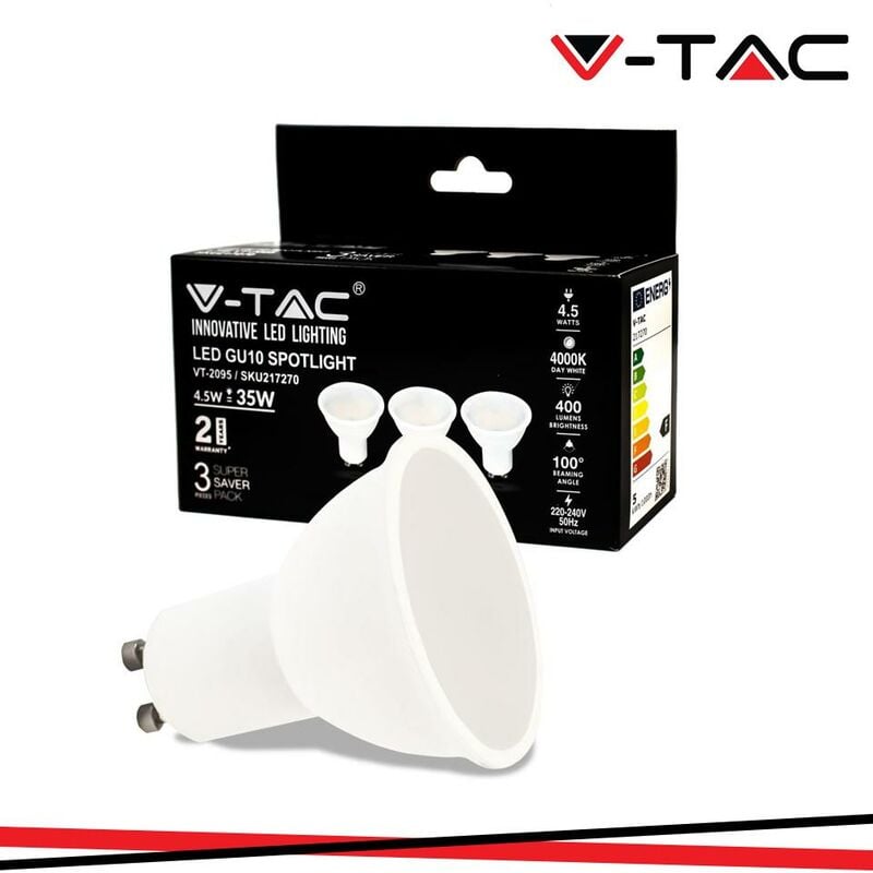 foto del prodotto v-tac - super saver pack 3x lampadina led gu10 4.5w faretto spotlight smd vt-2095 - sku 217269 / 217270 / 217271 bianco naturale