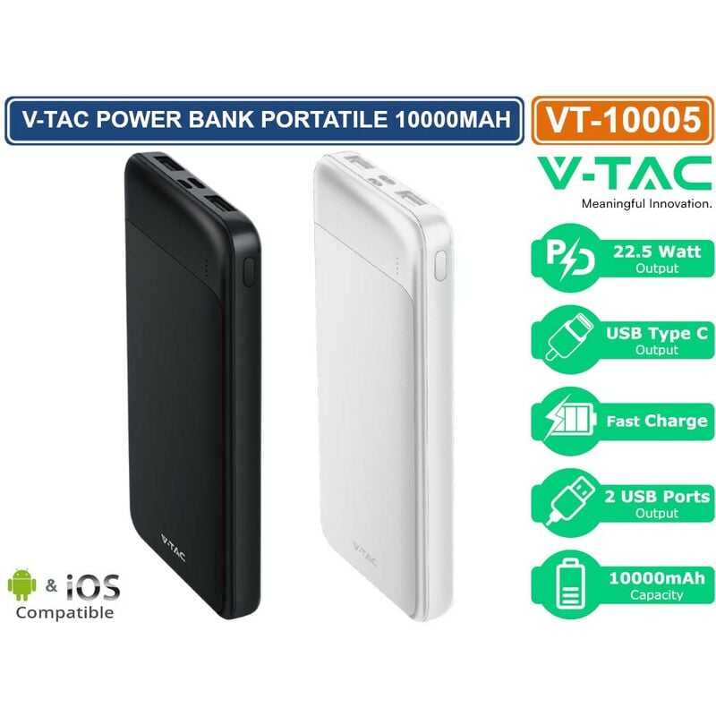 foto del prodotto v tac vt 10005 power bank portatile 10000mah con ricarica rapida pd e indicatore led di carica colore nero bianco sku 7833 7834 colore nero