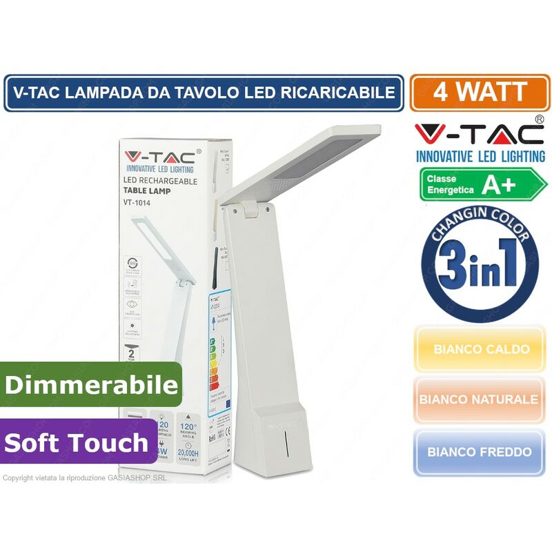foto del prodotto v tac vt 1014 lampada da tavolo led 4w touch dimmerabile ricaricabile bianca sku 7098