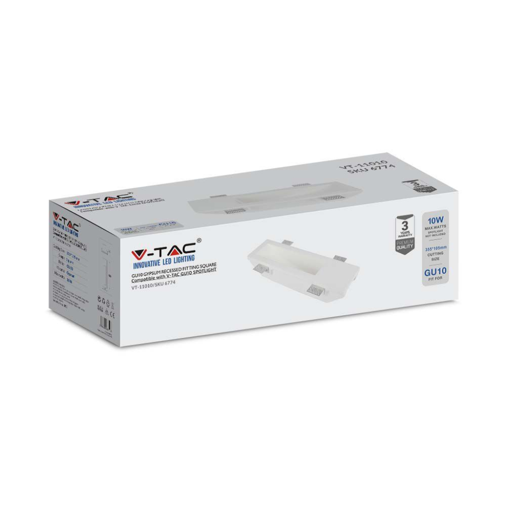 foto del prodotto v tac vt 11010 portafaretto led in gesso faretto da incasso quadrato gu10 colore bianco taglio luce a scomparsa sku 6774