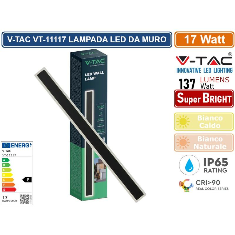foto del prodotto v tac vt 11117 lampada led da muro 17w wall lamp smd applique cri 90 ip65 colore nero sku 6830 6831 colore luce bianco caldo