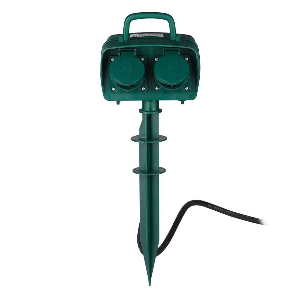 foto del prodotto v tac vt 1112 3 presa elettrica da giardino con timer e picchetto 2 prese 16a con cavo 3m corpo verde ip44 sku 8811