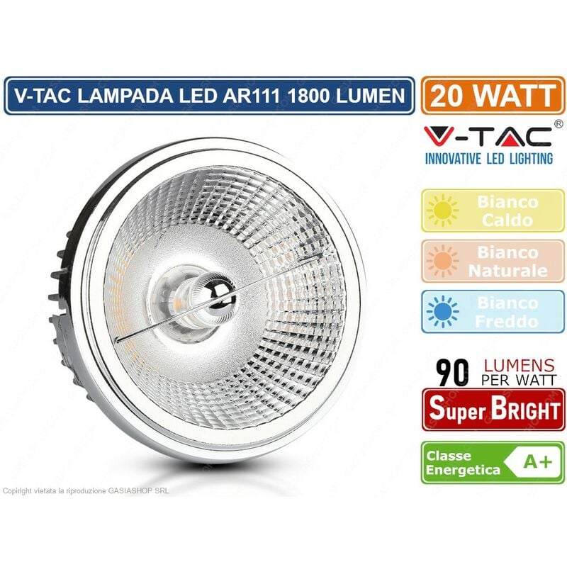 foto del prodotto v tac vt 1121 lampadina led ar111 20w faretto da incasso con 2 riflettori 20 40 sku 212792 212793 212794 colore luce bianco freddo