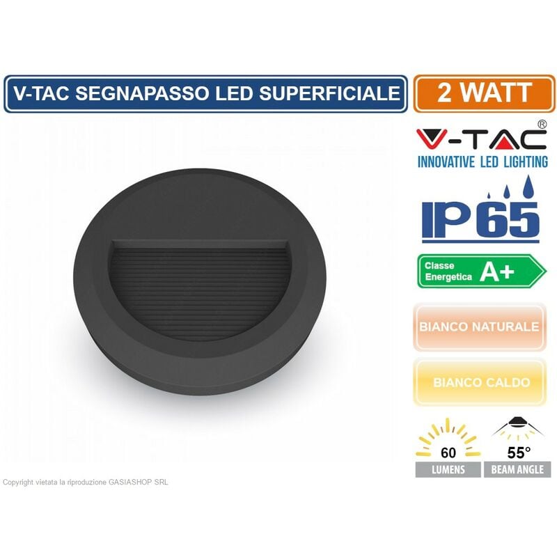 foto del prodotto v tac vt 1142 segnapasso led a montaggio superficiale rotondo 2w per esterno colore nero sku 1317 1316 ip65 colore luce bianco caldo