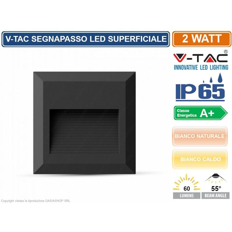 foto del prodotto v tac vt 1152 faretto segnapasso led a montaggio superficiale quadrato 2w per esterno colore nero sku 1323 1322 ip65 colore luce bianco caldo