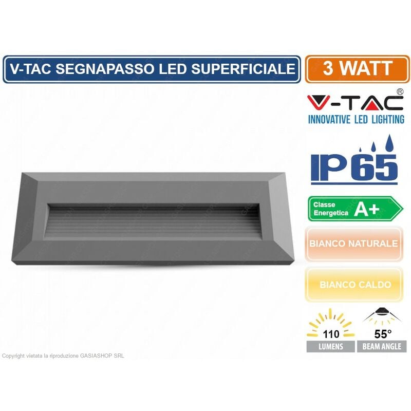 foto del prodotto v tac vt 1162 faretto segnapasso led a montaggio superficiale rettangolare 3w per esterno sku 1331 1330 ip65 colore luce bianco caldo