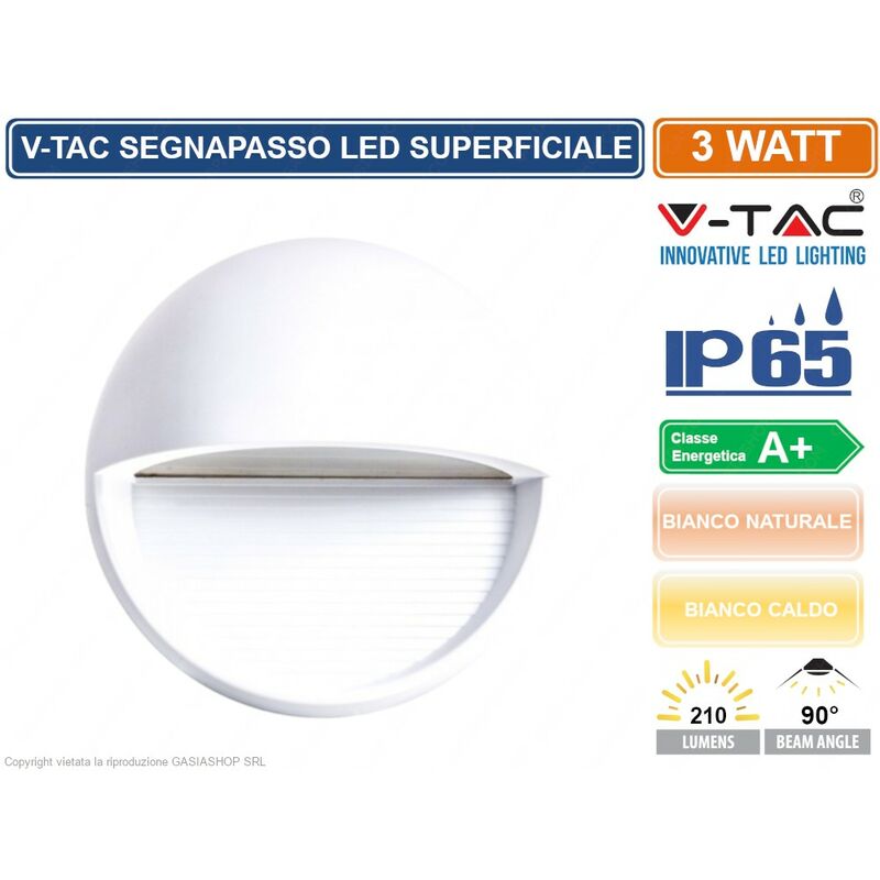 foto del prodotto v tac vt 1182 segnapasso led a montaggio superficiale rotondo 3w per esterno colore bianco sku 1408 1409 ip65 colore luce bianco caldo