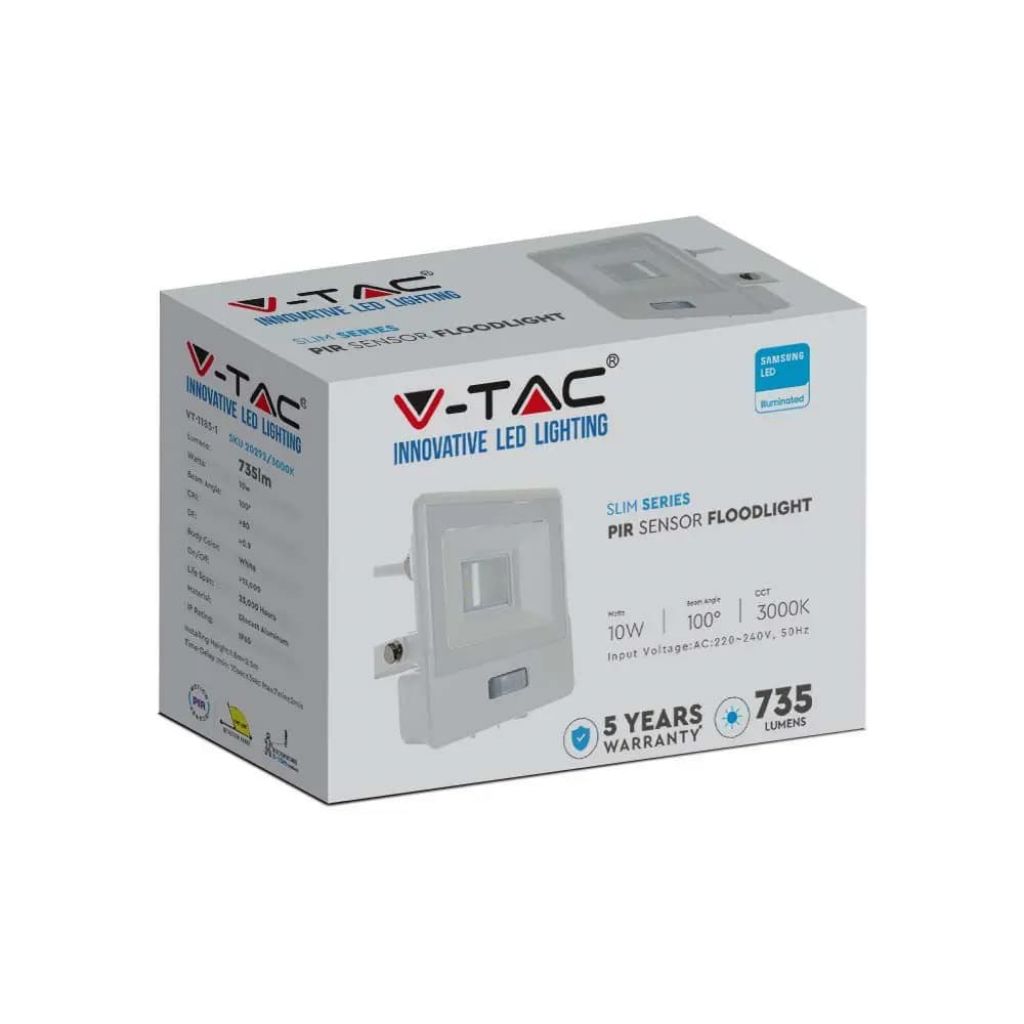 foto del prodotto v tac vt 118s 1 faro led 10w chip samsung con sensore di movimento pir e crepuscolare bianco freddo 6500k slim alluminio bianco ip65 sku 20294