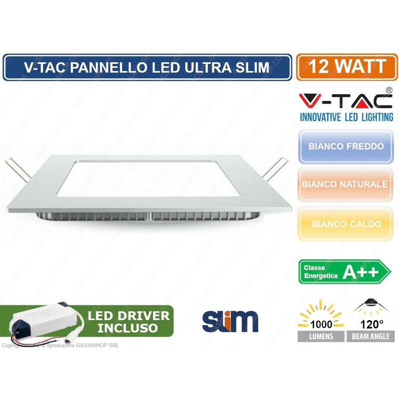 foto del prodotto v tac vt 1207 sq pannello led quadrato 12w smd da incasso con driver sku 4866 4867 4868 colore luce bianco caldo