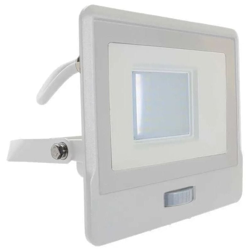 foto del prodotto v tac vt 138s 1 faro led 30w chip samsung con sensore di movimento pir e crepuscolare luce 4000k slim alluminio bianco ip65 sku 20299