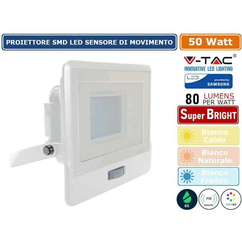 foto del prodotto v tac vt 158s faro led floodlight 50w smd ip65 chip samsung sensore movimento e crepuscolare bianco sku 20277 20278 20279 colore luce bianco