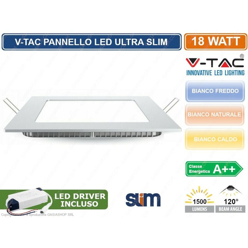 foto del prodotto v tac vt 1807 sq pannello led quadrato 18w smd da incasso con driver sku 4869 4870 4871 colore luce bianco freddo