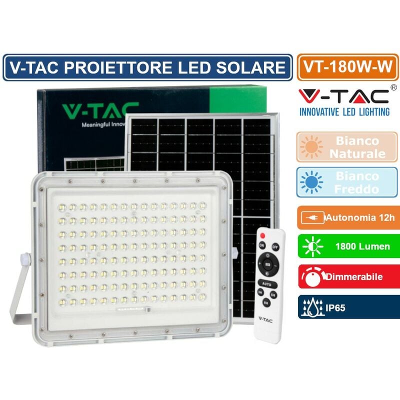 foto del prodotto v tac vt 180w faro led floodlight 20w ip65 colore bianco con pannello solare e telecomando sku 7846 7845 colore luce bianco naturale