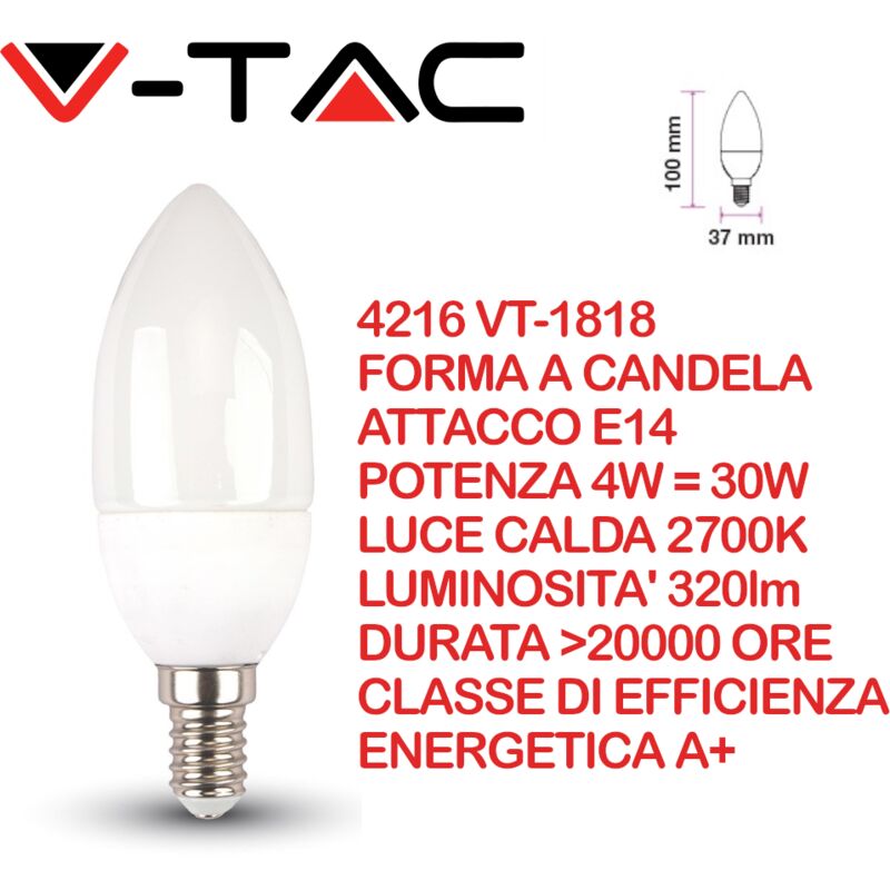 foto del prodotto v tac vt 1818 lampadina led e14 4w candela bianco caldo 2700k