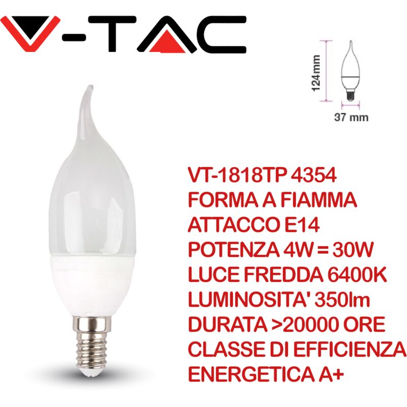 foto del prodotto v tac vt 1818tp lampadina led e14 4w candela a fiamma bianco freddo 6400k