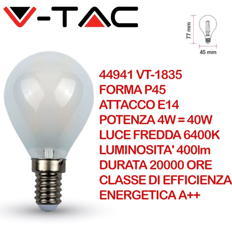 foto del prodotto v tac vt 1835 lampadina led e14 4w p45 filamento incrociato satinato bianco freddo 6400k