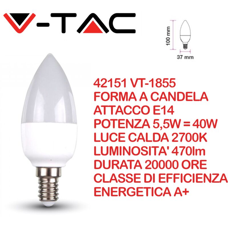 foto del prodotto v tac vt 1855 lampadina led e14 4,5w candela bianco caldo 2700k