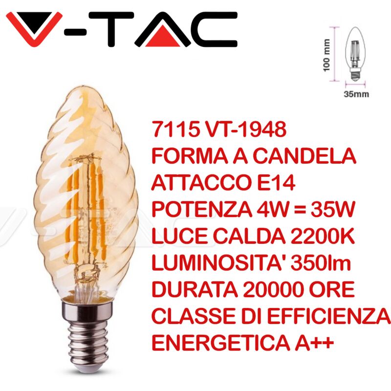 foto del prodotto v tac vt 1948 7115 lampadina led e14 4w candela a tortiglione a filamento ambrato 2200k