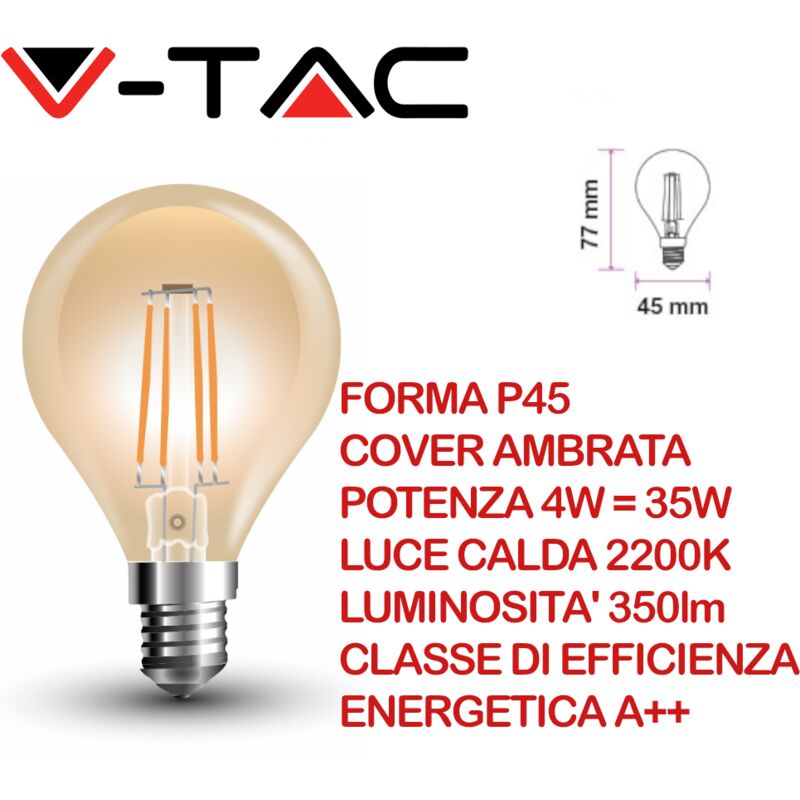 foto del prodotto v tac vt 1953 4499 lampadina led e14 4w p45 a filamento cover ambrata 2200k