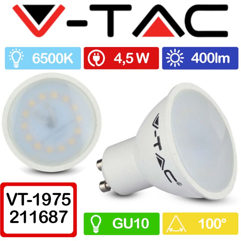 foto del prodotto v tac vt 1975 faretto led gu10 4,5w 100 copertura satinata bianco freddo 6500k