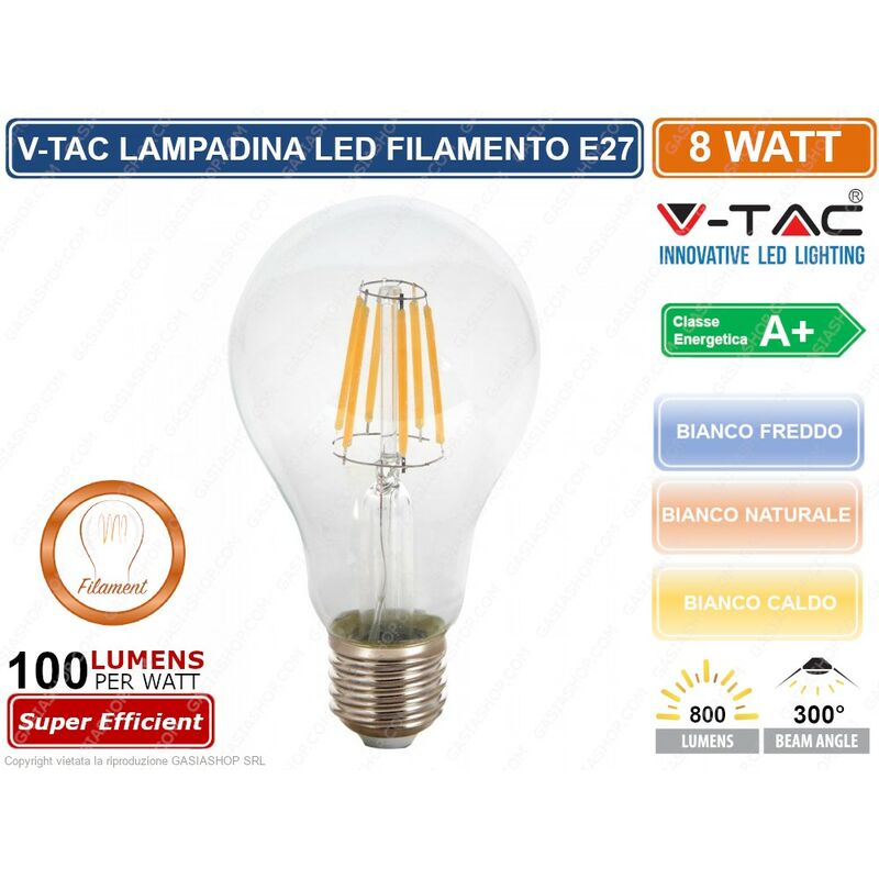 foto del prodotto v tac vt 1978 lampadina led e27 8w bulb a67 filamento sku 4407 4408 4409 colore luce bianco freddo