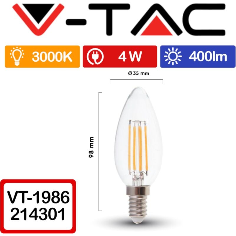 foto del prodotto v tac vt 1986 lampadina led e14 4w candela filamento bianco caldo 3000k