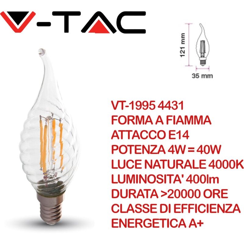 foto del prodotto v tac vt 1995 lampadina led e14 4w candela a fiamma tortiglione a filamento bianco naturale 4000k