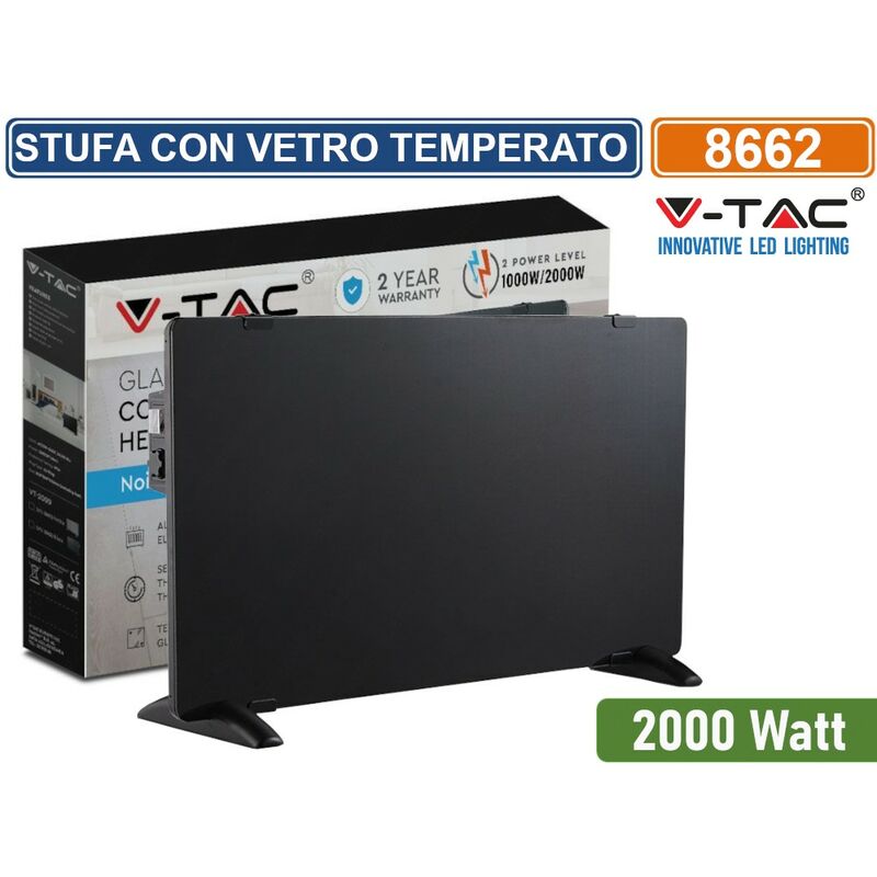 foto del prodotto v tac vt 2000 2000w stufa riscaldatore a pannello in vetro temperato con resistenza in alluminio nero ip24
