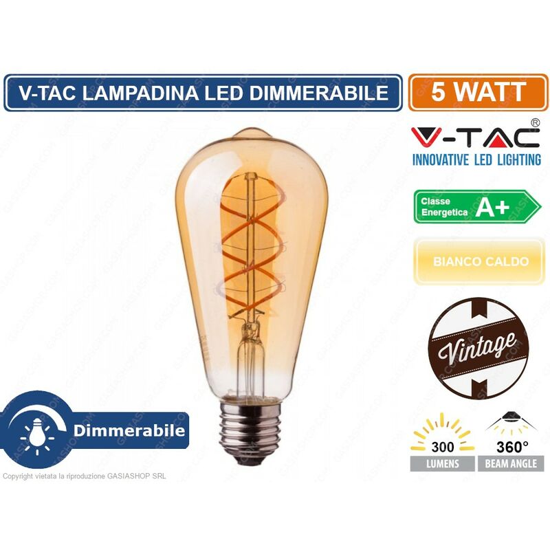 foto del prodotto v tac vt 2065d lampadina led e27 5w bulb st64 filamento ambrata dimmerabile sku 7416