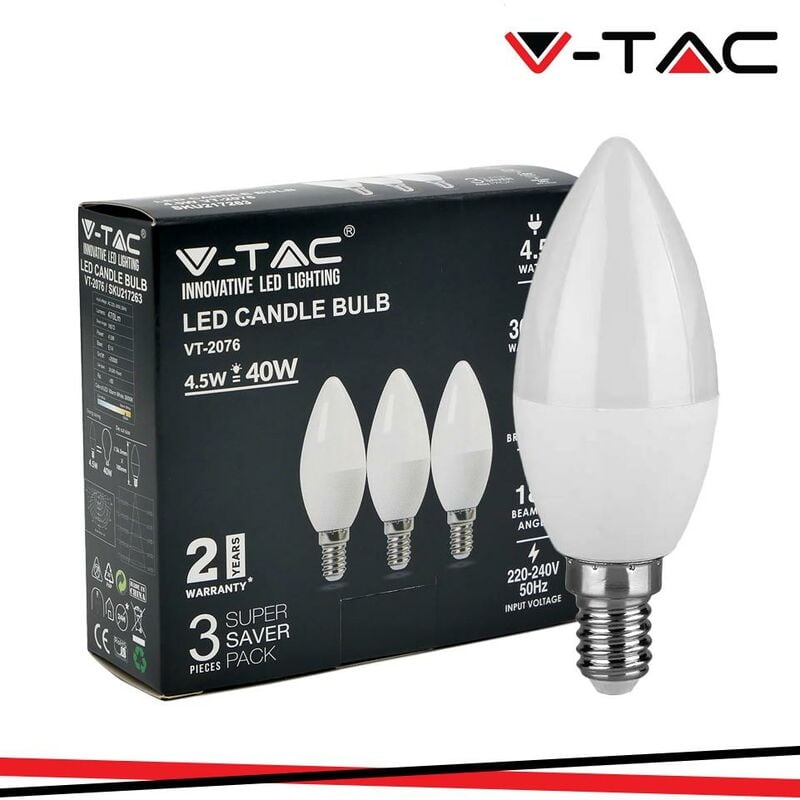 foto del prodotto v tac vt 2076 super saver pack 3x lampadina led e14 4.5w candle bulb candela smd sku 217263 217264 217265 colore luce bianco naturale