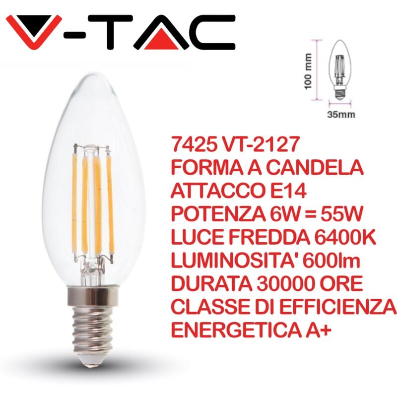 foto del prodotto v-tac - vt-2127 lampadina led a filamento e14 6w a candela bianco freddo - 6400k