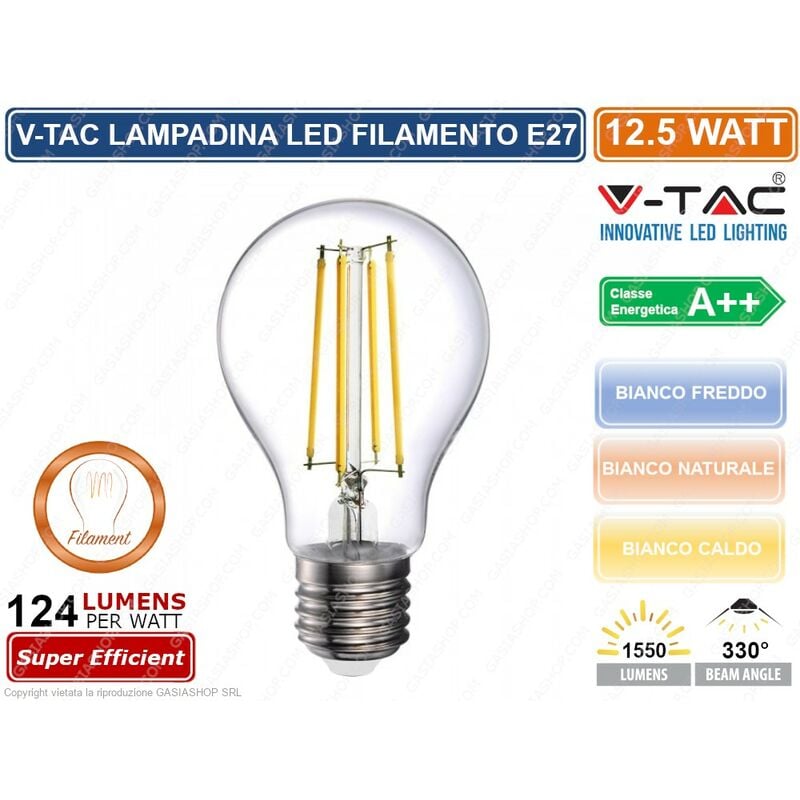 foto del prodotto v-tac - vt-2133 lampadina led filament e27 12,5w bulb a70 - sku 7458 7459 7460 - colore luce bianco caldo