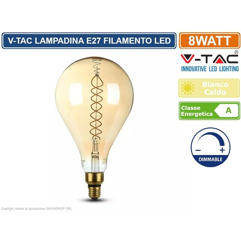foto del prodotto v-tac - vt-2138d lampadina e27 filamento led a doppia spirale 8w bulb a160 con vetro ambrato dimmerabile - sku 7461