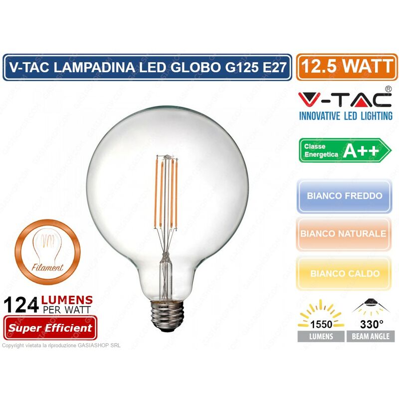 foto del prodotto v tac vt 2143 lampadina led filament e27 12,5w globo g125 sku 7453 7454 7455 colore luce bianco freddo
