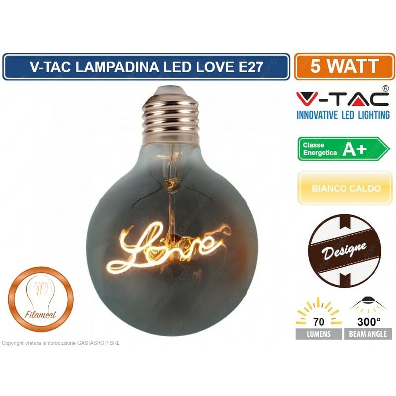 foto del prodotto v tac vt 2205 lampadina e27 filamento led scritta love cuore 5w globo g125 vetro oscurata dimmerabile sku 2700