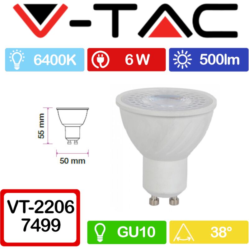foto del prodotto v tac vt 2206 faretto led gu10 6w 38 cri 95 bianco freddo 6400k